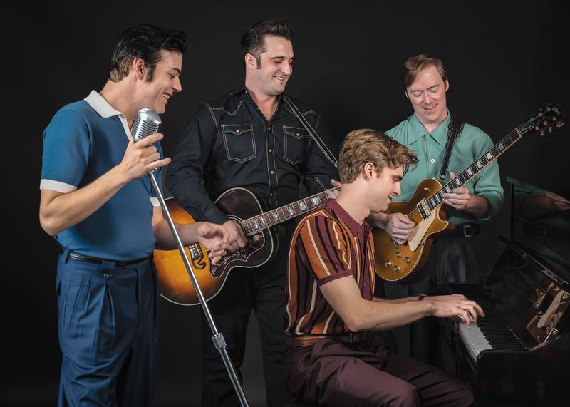 (From left) Alex Swindle plays Elvis Presley, Bill Scott Sheets is Johnny Cash, Garrett Forrestal plays Jerry Lee Lewis and Christopher Wren is Carl Perkins in Million Dollar Quartet, the inaugural production at Paramount Theatre’s new Stolp Island Theatre, 5 E. Downer Place, Suite G, in downtown Aurora.