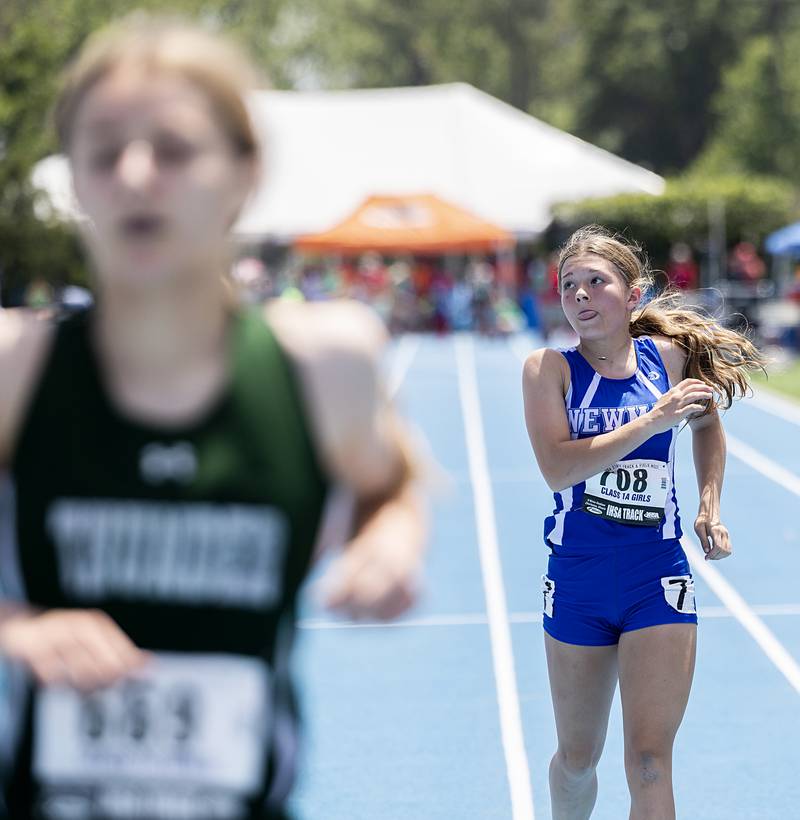 Newman’s Elaina Allen finishes the 1A 100 dash Saturday, May 18, 2024 at the IHSA girls state track meet in Charleston.