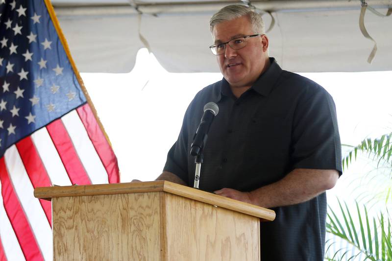 Crystal Lake City Manager Gary Mayerhofer shares memories with attendees during a celebration of life honoring former Crystal Lake Mayor Aaron Shepley on Saturday, June 12, 2021 at Three Oaks Recreation Area  in Crystal Lake.