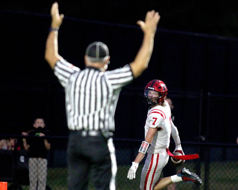 Huntley’s Wyatt Fleck enters the end zone on a touchdown in varsity football on Friday, Aug. 30, 2024, at Metcalf Field on the campus of Crystal Lake Central High School in Crystal Lake.