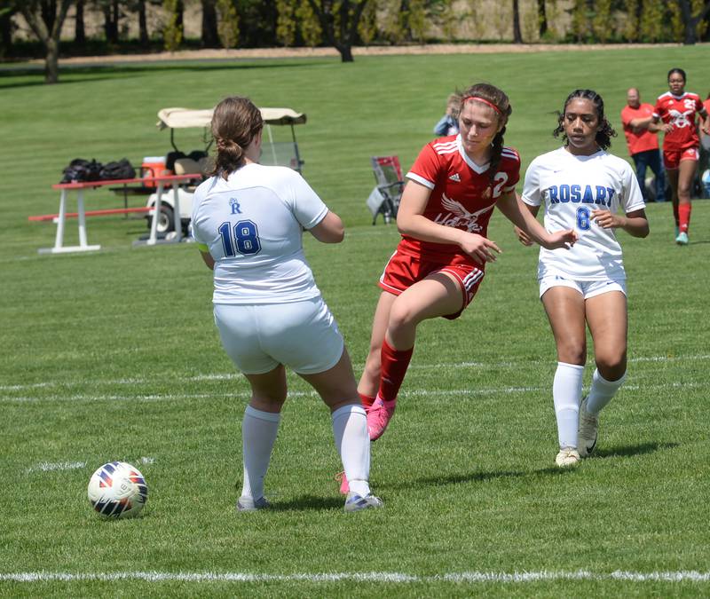 Oregon's Anna Stender (2) takes a shot on goal against Aurora Rosary at the Oregon regional on Saturday, May 11, 2024 at Oregon Park West. The Hawks won the game 9-0.