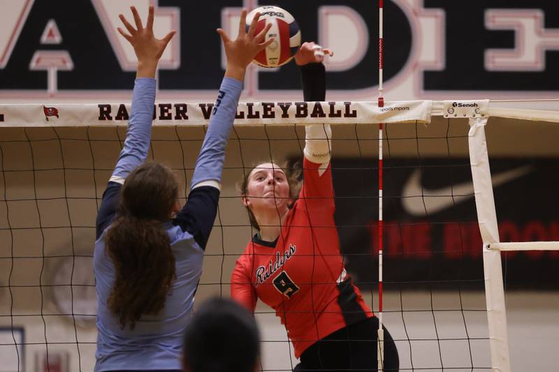 Bolingbrook’s Noelle Aprati powers a shot against Downers Grove South on Monday, Oct. 9, 2023 in Bolingbrook.