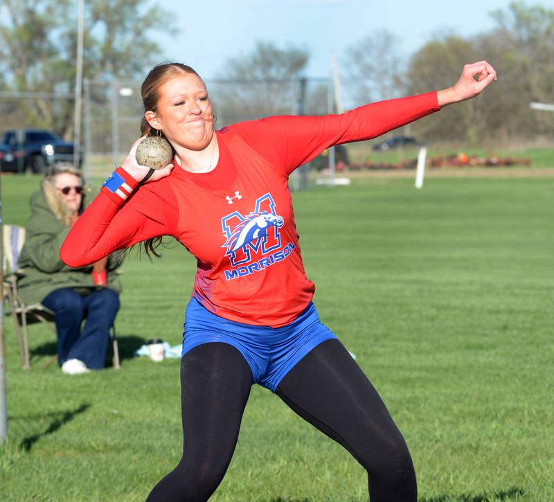 Morrison's Camryn Veltrop throws the shot at the Ed Schmidt Invitational Track Meet at Erie High School on Friday, April 19, 2024.