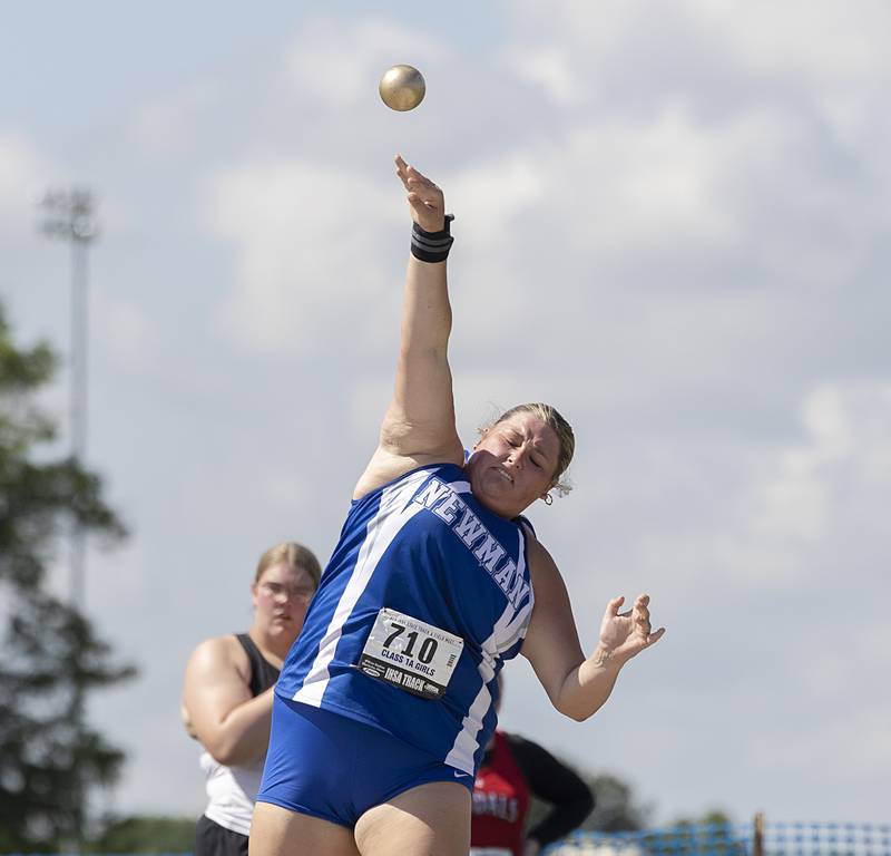 Newman’s Kennedy Rowzee throws the shot in the 1A Shot Put Saturday, May 18, 2024 at the IHSA girls state track meet in Charleston.