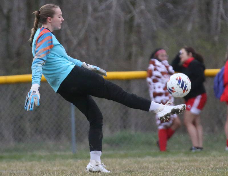 Morris keeper Maggie Stuebinger kicks the ball out of the box against Streator on Monday, March 25, 2024 at the James Street Recreation Area in Streator.