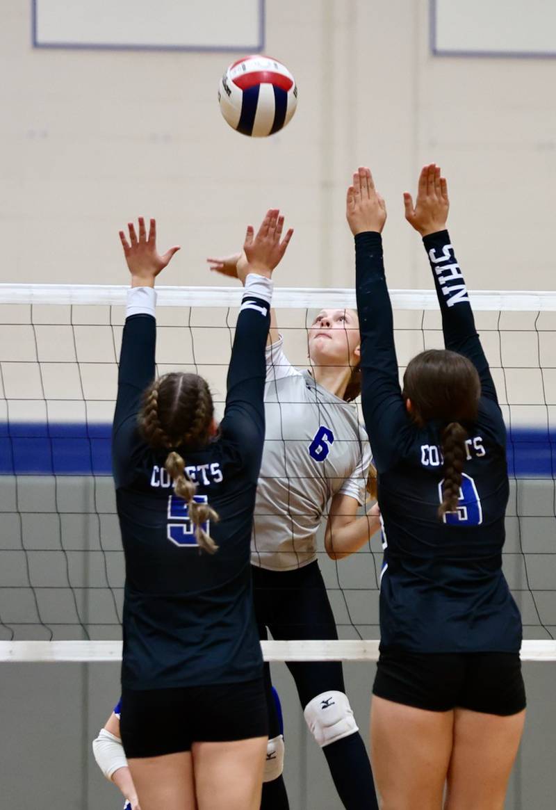 Princeton's Caroline Keutzer winds up to hit against a Newman block Tuesday night at Prouty Gym. The Tigresses won 25-13, 25-15 to hand the Comets their first conference loss in six years.