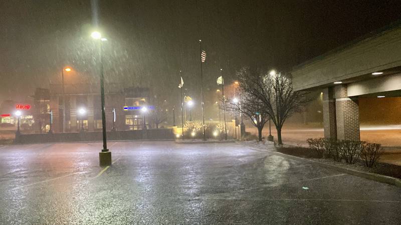 Sleet, heavy rain and hail pummels downtown DeKalb on Tuesday night, Feb. 27, 2024, during a severe thunderstorm and tornado warning weather event, which the National Weather Service called "rare" for this time of year.