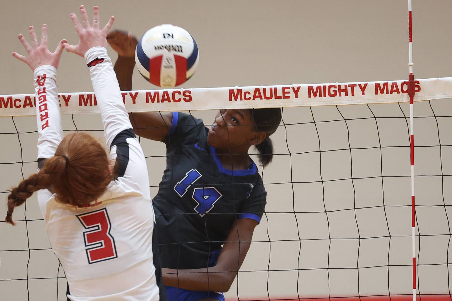 Lincoln-Way East’s Alaina Pollard powers a shot against Marist in the Class 4A Mother McAuley Sectional semifinal. on Monday, Oct. 30, 2023 in Chicago.