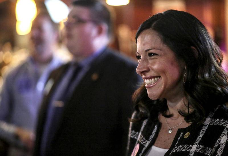 Lauren Staley-Ferry smiles March 20 as her supporters and campaign cheer for her after she defeated Denise Mushro-Rumchak.