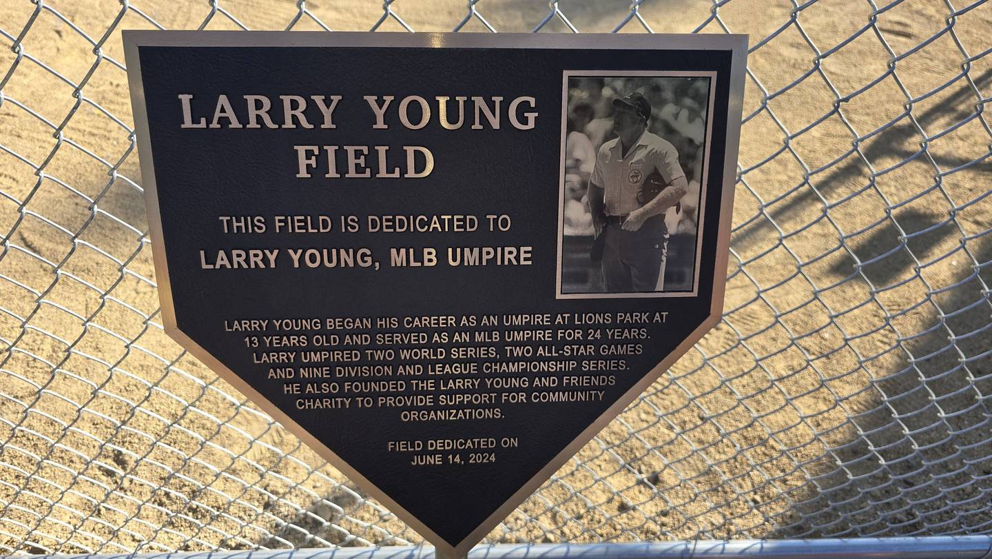 Pictured is the plaque that was unveiled at Larry Young Field in Oregon on June 14, 2024 at Lion's Park.
