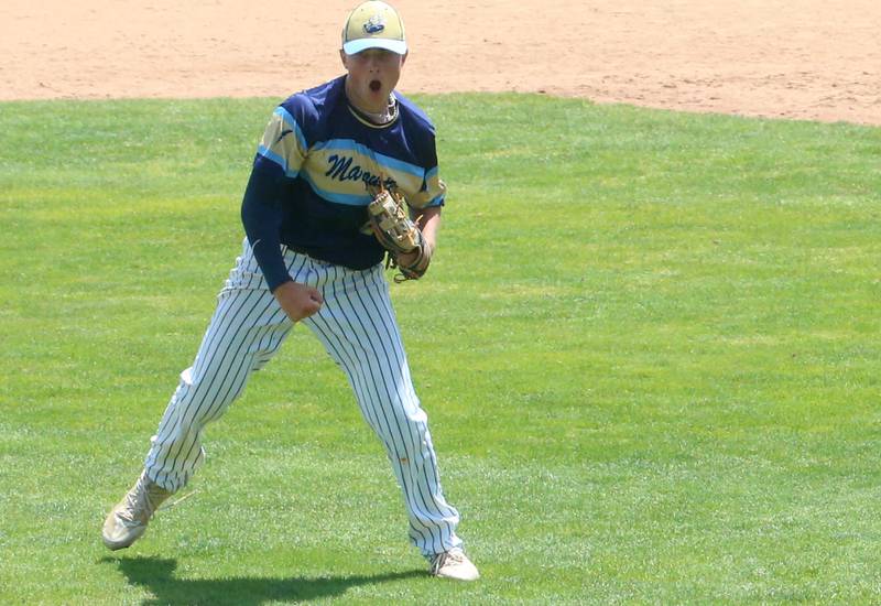 Marquette's Anthony Couch reacts after the final out against Routt during the Class 1A semifinal game on Friday, May 31, 2024 at Dozer Park in Peoria.