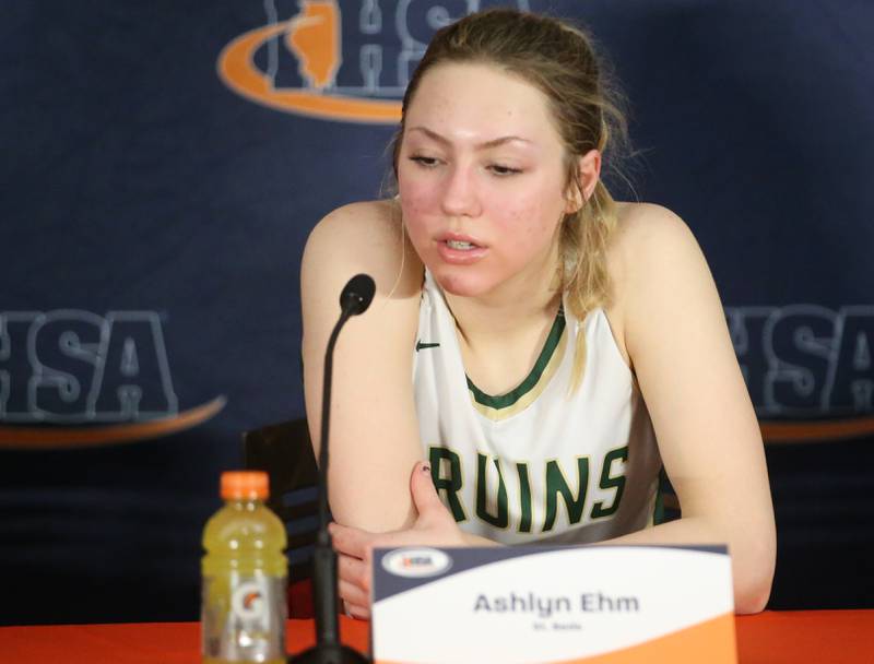 St. Bede's Ashlyn Ehm address the media after losing to Okawville in the Class 1A State semifinal on Thursday, Feb. 29, 2024 at CEFCU Arena in Normal.