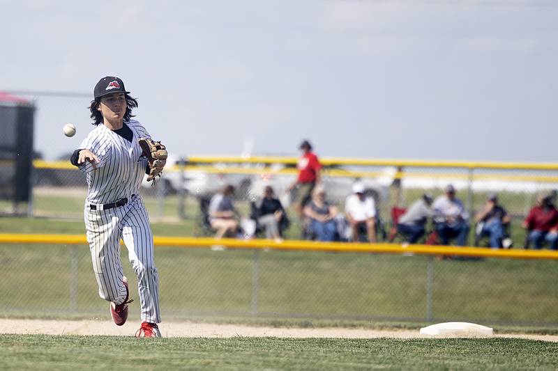 Fulton’s Braeden Brennan fires to first for an out against East Dubuque Wednesday, May 22, 2024 in the Class A sectional semifinal in Forreston.