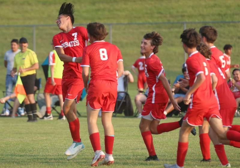 Ottawa's Jorge Lopez celebrates with teammates after scoring the teams first goal against Kaneland on Wednesday, Sept. 11, 2024 at King Field.