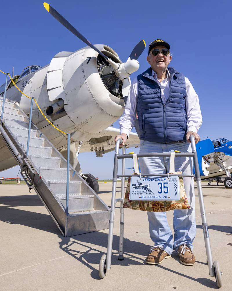 Retired World War 2 Airman, Joe Wills who was a Radioman and Gunner on a TBM Avenger smiles after taking his first ride in an Avenger since World War 2 during the TBM Avenger Reunion and Salute To The Veterans at Illinois Valley Regional Airport on May 18, 2024.