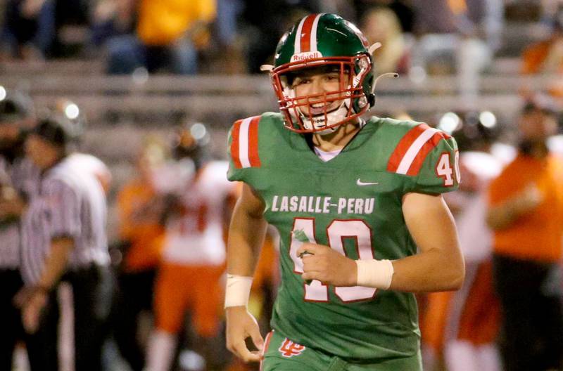 L-P's Nick Hachenberger smiles after forcing a fumble against United Township on Friday, Aug. 30, 2024 at Howard Fellows Stadium.