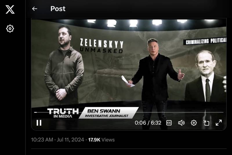 This image from Ben Swann's X social media account shows him in his video series "Zelenskyy Unmasked," posted on July 11, 2024. (AP Photo)