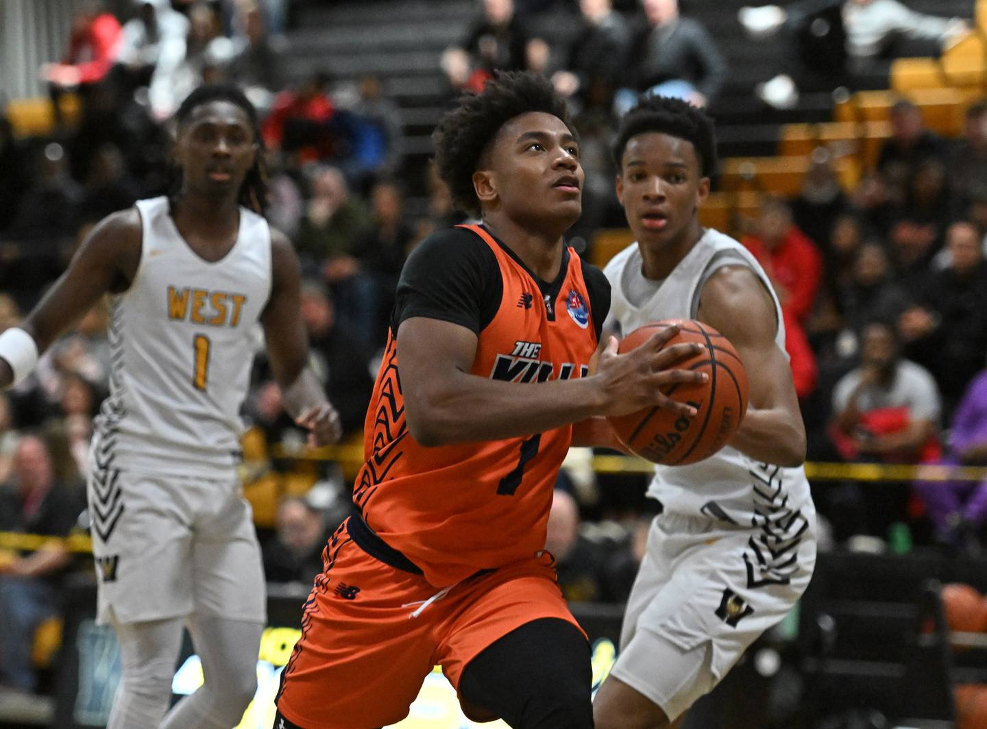 Romeoville's Mickeis Johnson drives to the basket for a shot during a conference game against Joliet West on Friday, Feb. 02, 2024, at Joliet. (Dean Reid for Shaw Local News Network)