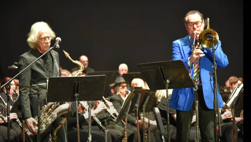 "Blue" Lou Marini and Tom "Bones" Malone were featured at a Dixon Municipal Band concert at The Dixon: Historic Theatre on March 23, 2024.