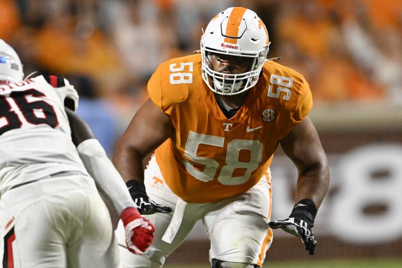 Tennessee offensive lineman Darnell Wright plays against Ball State on Thursday, Sept. 1, 2022, in Knoxville, Tenn.