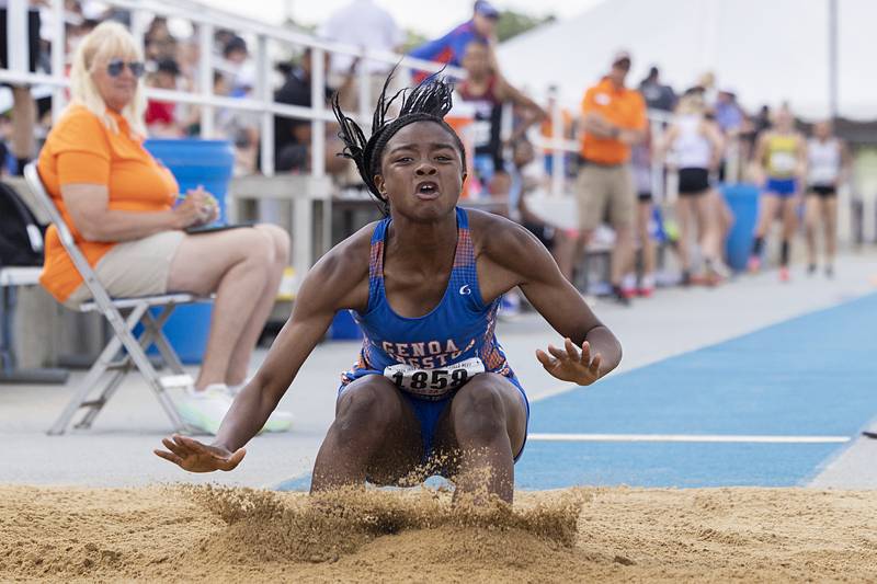 Genoa-Kingston’s Natasha Bianchi lands her jump in the 2A long jump Saturday, May 18, 2024 at the IHSA girls state track meet in Charleston.