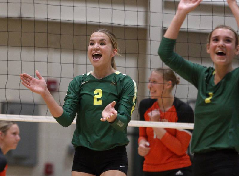 Crystal Lake South’s Kendall Brandt celebrates a point against McHenry in varsity volleyball on Tuesday, Sept. 17, 2024, at Crystal Lake South High School in Crystal Lake.