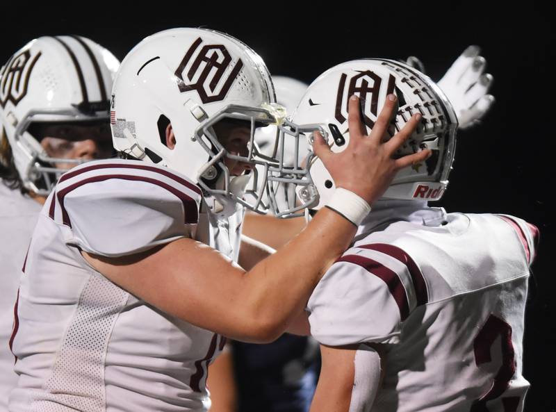Joe Lewnard/jlewnard@dailyherald.com
Wheaton Academy's Brandon Kiebles, right, celebrates his second-quarter tocudown with treammate Jay Krueger during Friday’s Class 4A football playoff game against St. Viator in Arlington Heights Friday.