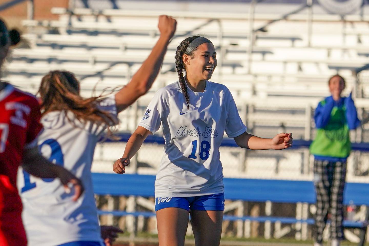 St. Charles North's Juliana Park (18) smiles after scoring a goal against Naperville Central during a Class 3A St. Charles North Supersectional soccer final match at St. Charles North High School on Tuesday, May 28, 2024.