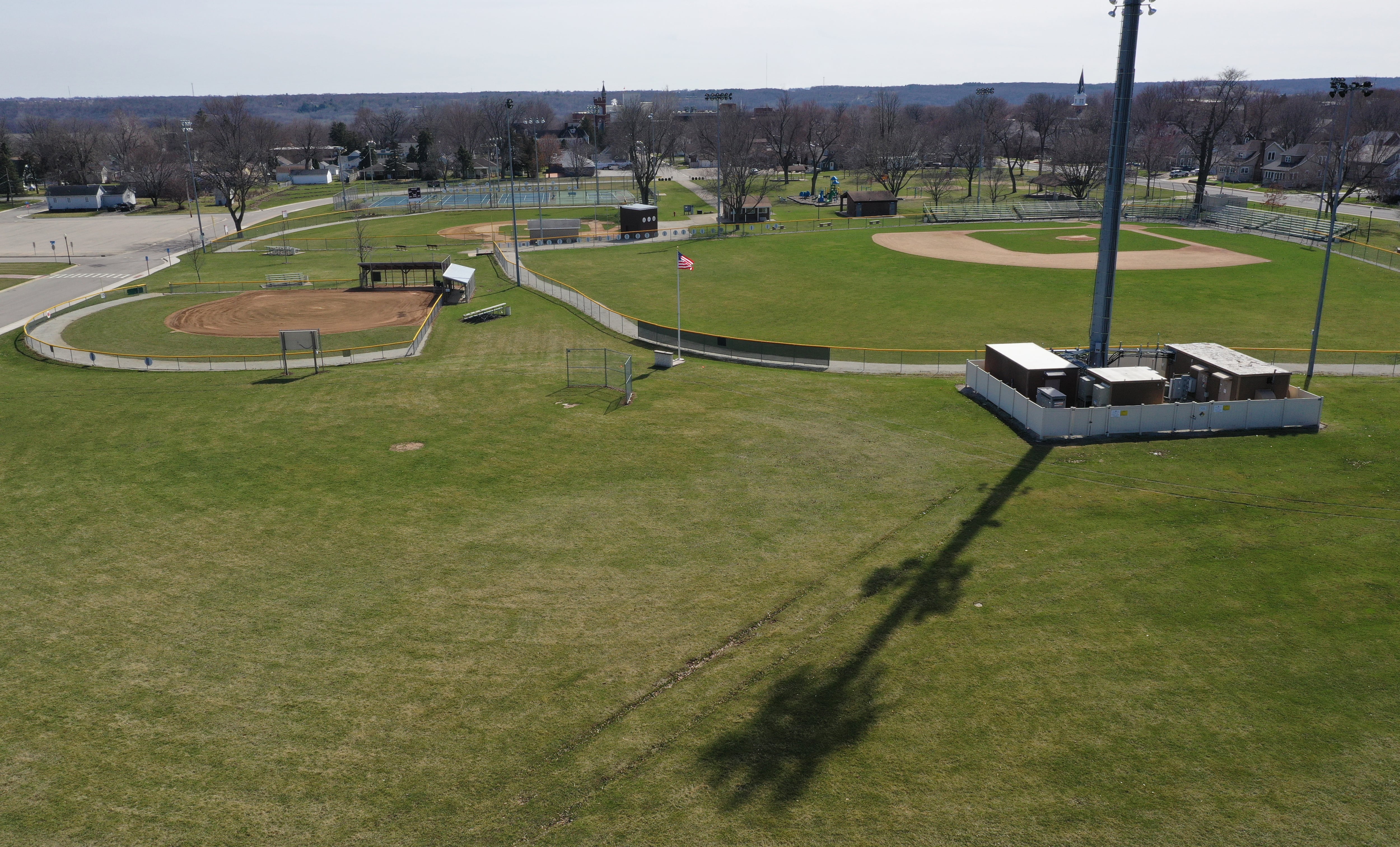 An aerial view of Washington Park shows the location of where a new pool could be located on March 28, 2022. The former pool was demolished.