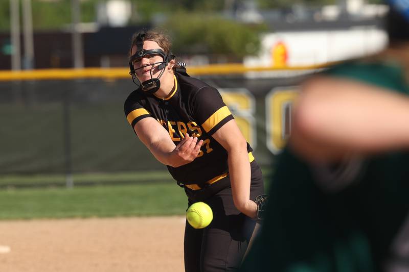 Joliet West’s Madison Jadron delivers a pitch against Plainfield Central on Wednesday, May 15, 2024 in Joliet.