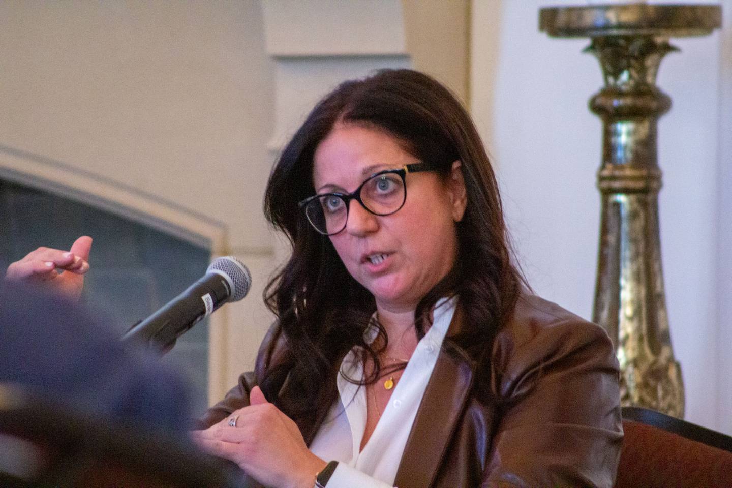Deanne Benos, former assistant director of the Illinois Department of Corrections and co-founder of the Women’s Justice Institute, discusses planned prison rebuilds at a Chicago Illinois Justice Project reentry event in April.