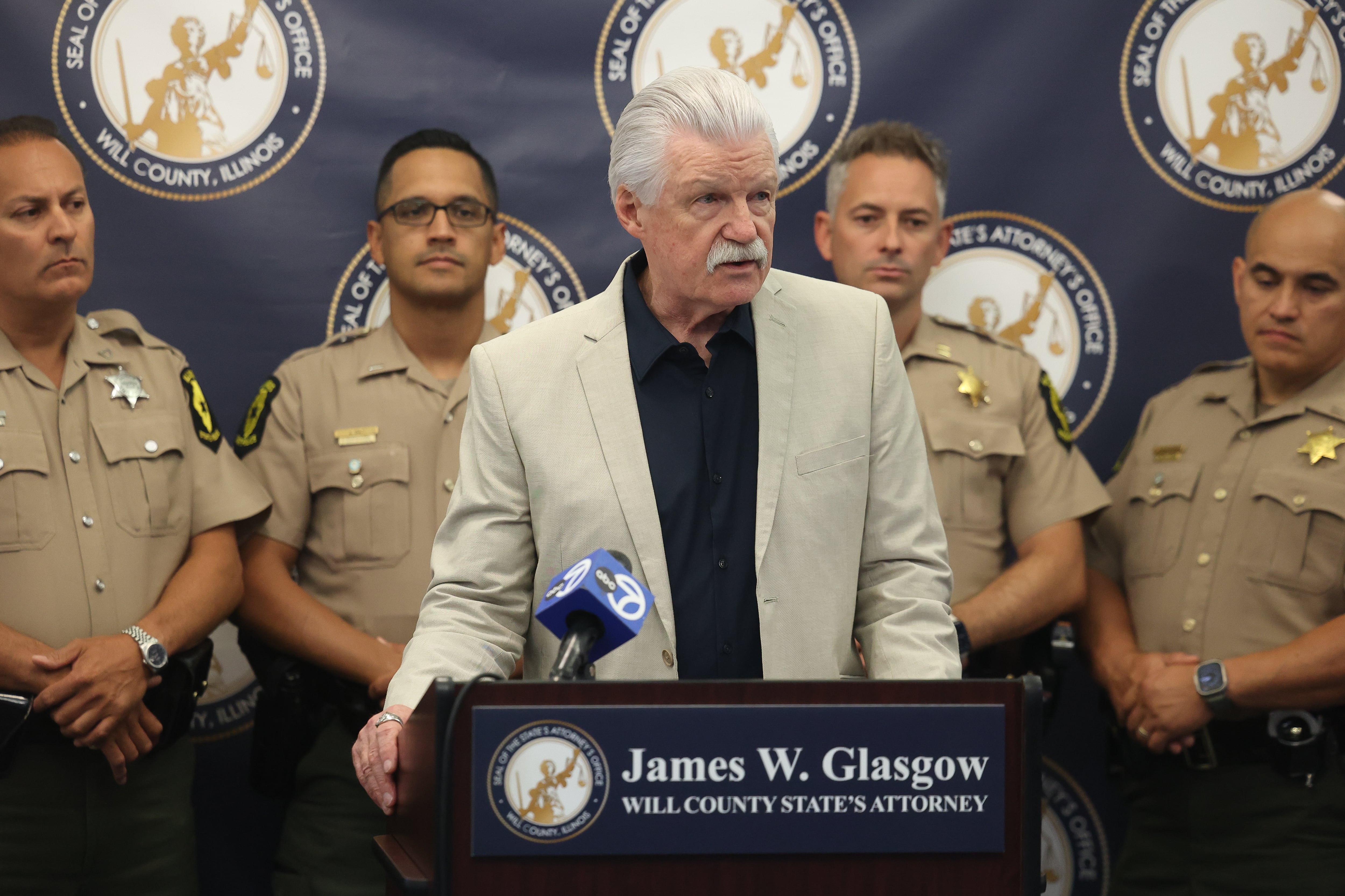 Will County State’s Attorney Jim Glasgow speaks at a media conference on the sentencing of Angel Casillas for the 2021 crash that left State Trooper Brian Frank severely injured at the Will County State Attorney Office on Tuesday, Sept. 5, 2023 in Joliet.