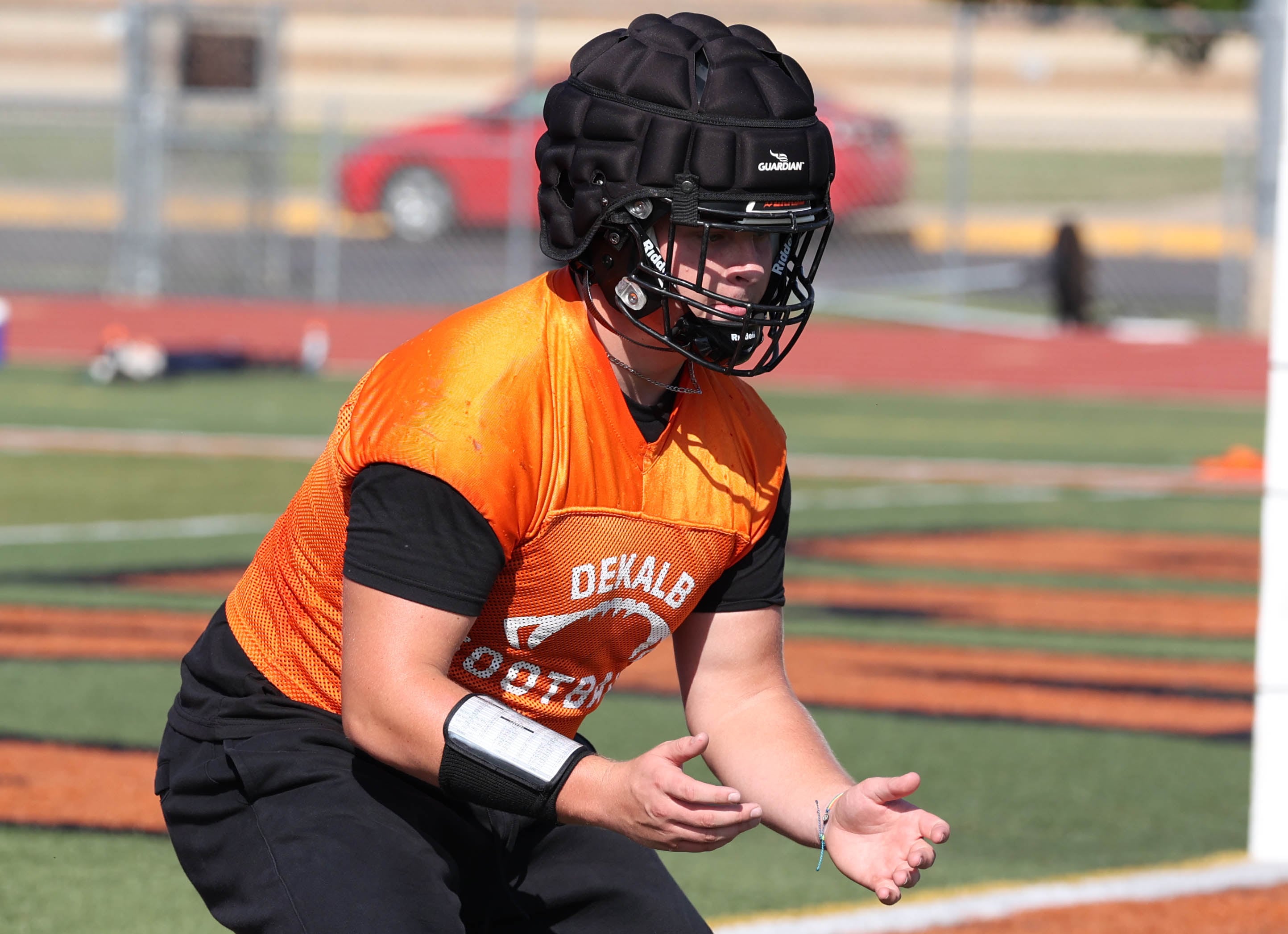 Dekalb’s Owen Sisson goes through a drill Monday, Aug. 12, 2024, at the school during the first practice of the regular season.