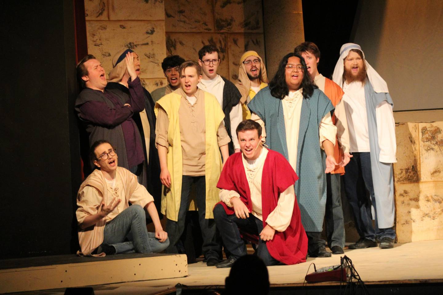 Joseph's brothers react to his colored coat during rehearsal of "Joseph and the Amazing Technicolor Dreamcoat" ahead of Engle Lane's performance of the musical classic.