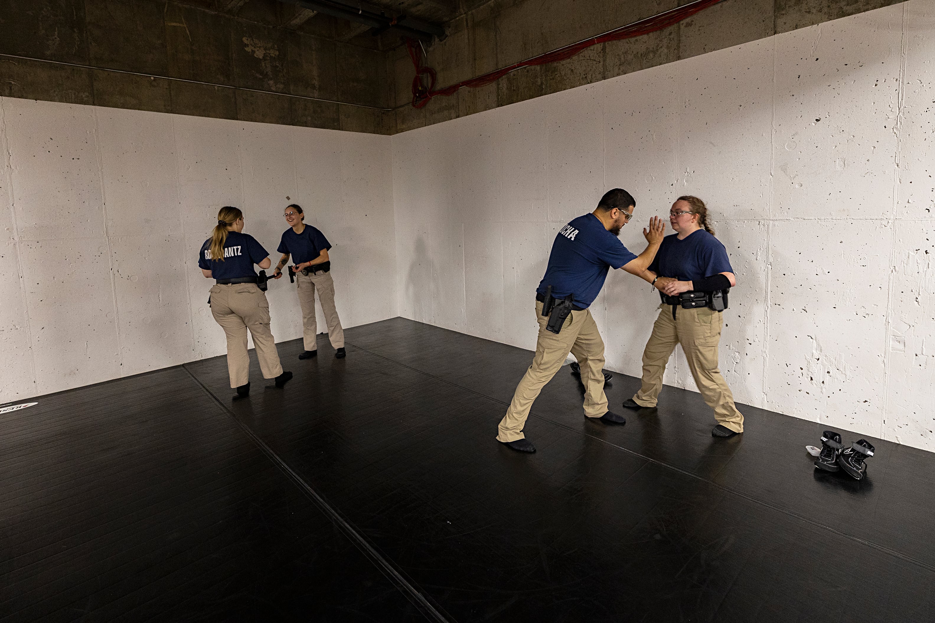 Recruits work on knife attack defense Wednesday, July 17, 2024, at the Sauk Valley Police Academy.