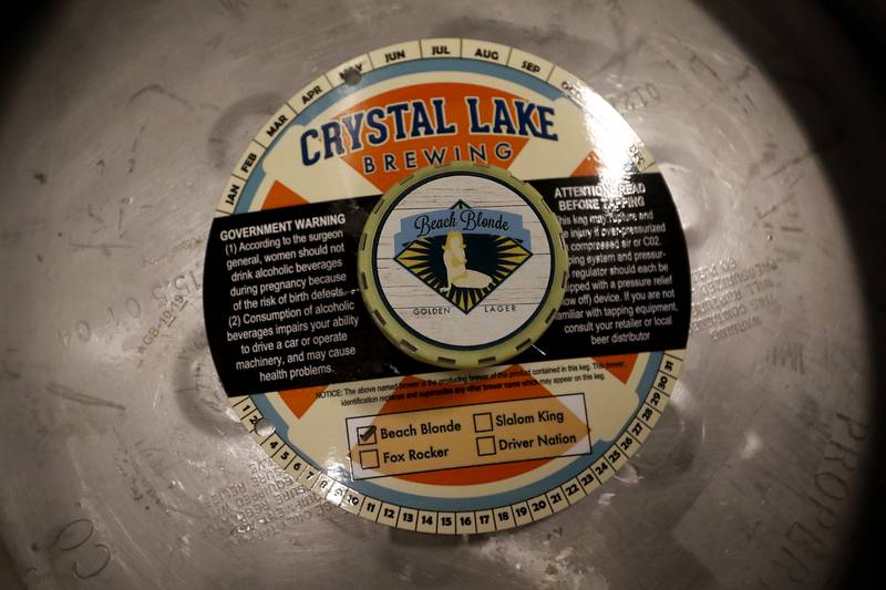 A keg of Crystal Lake Brewing’s Beach Blonde beer on Friday, May 3, 2024 at the Crystal Lake Brewing. The brewery is celebrating its 10th anniversary and recently won a bronze award in Brown Porter category at the World Beer Cup in Las Vegas.