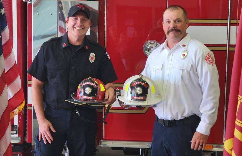 The Ottawa Fire Department, at a special pinning ceremony on Monday, promoted Cameron Lair (left) to the rank of lieutenant and Adam Wampler to captain.