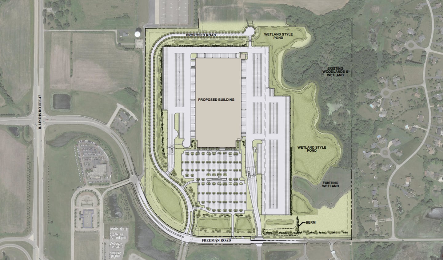 A more detailed site map of a new proposal to develop a large property on Freeman Road shows the distribution center planned in the first phase of construction. The company that will move into the site remains unnamed, but has promised to bring upwards of 1,000 jobs to Huntley in 2022. The Huntley Village Board will vote on the development plan in its March 11 meeting.