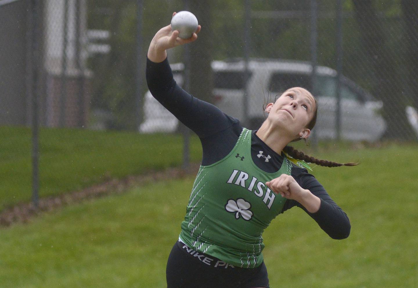 Seneca’s Faith Baker competing in the shot put during Thursday’s track and field sectional at Seneca.