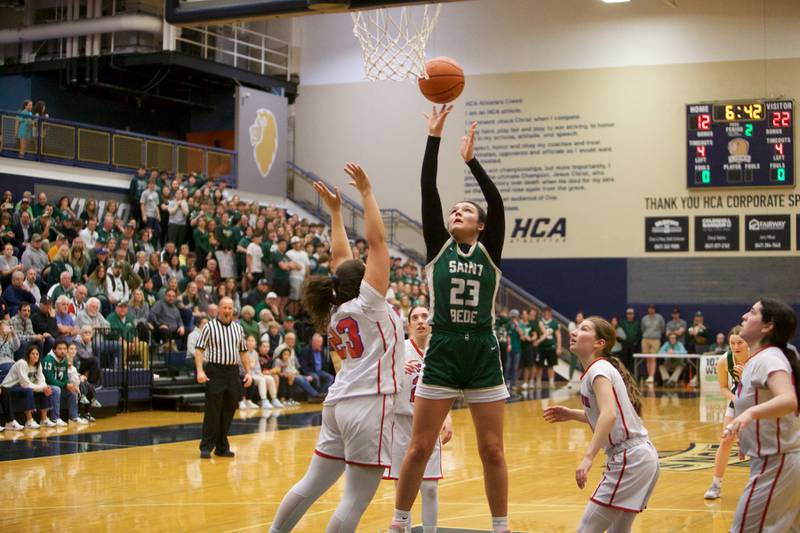 St. Bede's Ali Bosnich shoots a basket against Ida Crown at the Class 1A Girl's Basketball  Super Sectional on Monday , Feb.26, 2024 at Harvest Christian Academy  in Elgin.