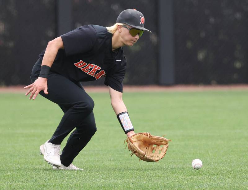 DeKalb's Ruari Bengford-Breneisen fields a grounder in left field during their Class 4A DeKalb Regional championship game against Huntley Friday, May 24, 2024, at Ralph McKinzie Field at Northern Illinois University in DeKalb.