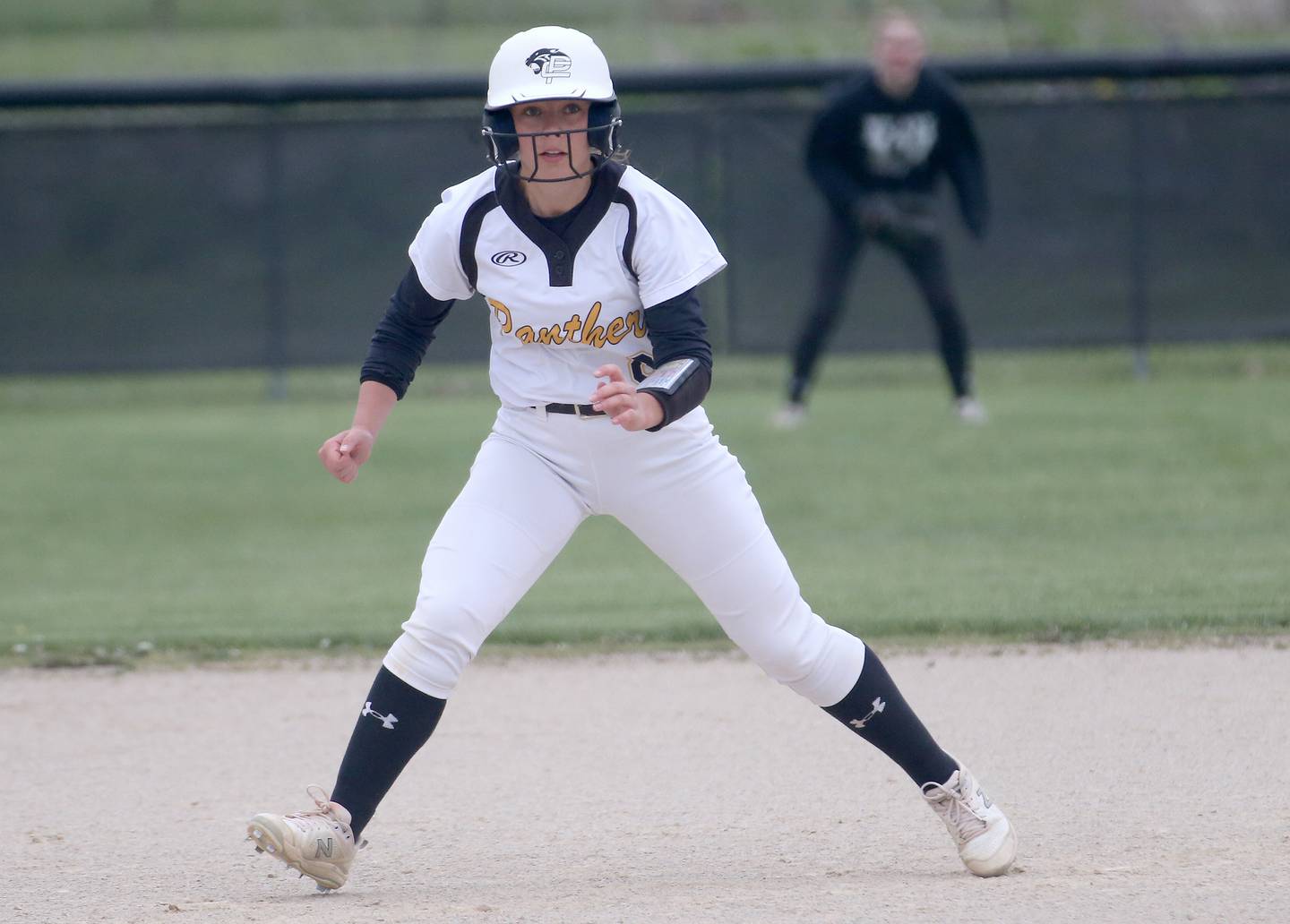 Putnam County's Gabby Doyle leads off second base against Flanagan-Cornell/Woodland's Kortney on Tuesday, May 2, 2023 at Woodland High School.