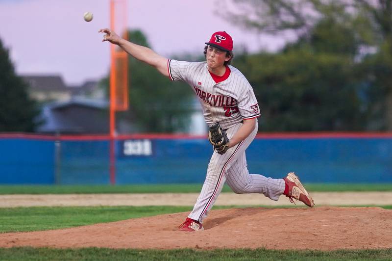 Yorkville's Preston Regnier (25) delivers a pitch against Oswego during a baseball game at Oswego High School on Monday, April 29, 2024.