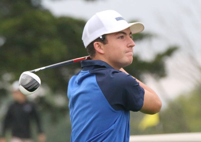 Marquette's Carson Zellers tees off during the Class 1A Regional on Wednesday, Sept. 27, 2023 at Wolf Creek Golf Club in Pontiac.