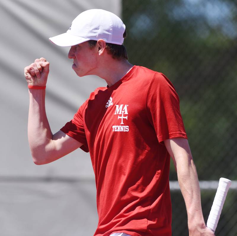 Marmion Academy’s Benedict Graft celebrates a point during the Class 1A singles final of the boys state tennis tournament at Palatine High School on Saturday, May 25, 2024 in Palatine.