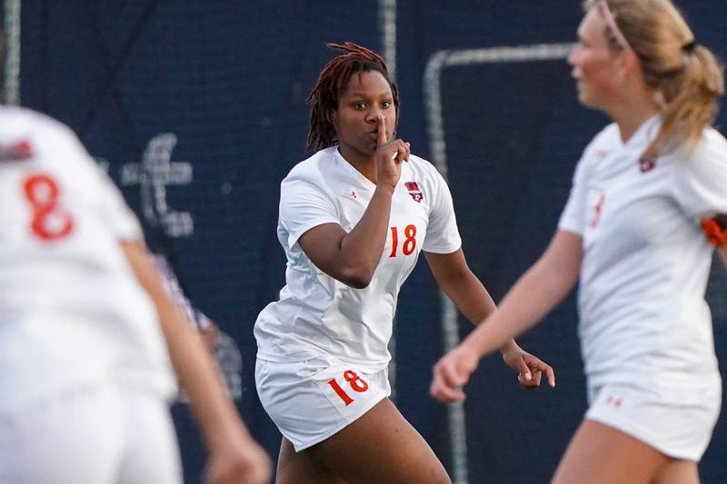 Oswego’s Jordyn Washington (18) reacts after scoring a goal late in the second half of play against Oswego East during a soccer match at Oswego East High School on Tuesday, April 23, 2024.