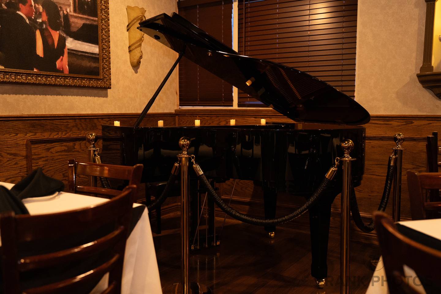 A baby grand piano in The Piano Room at LUXX The Restaurant of Sterling, which opened April 24, 2024