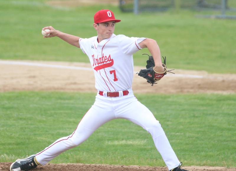 Ottawa pitcher Lucas Farabaugh delivers a pitch to Streator on Tuesday, May 14, 2024 at Streator High School.