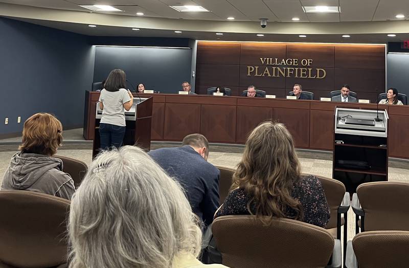 Plainfield resident Danielle Brandon addresses the village board during the public comment period of the board meeting on Sept. 16, 2024. Brandon addressed the debate brought by some residents over the  village flying the Pride flag each June and other flag displays.