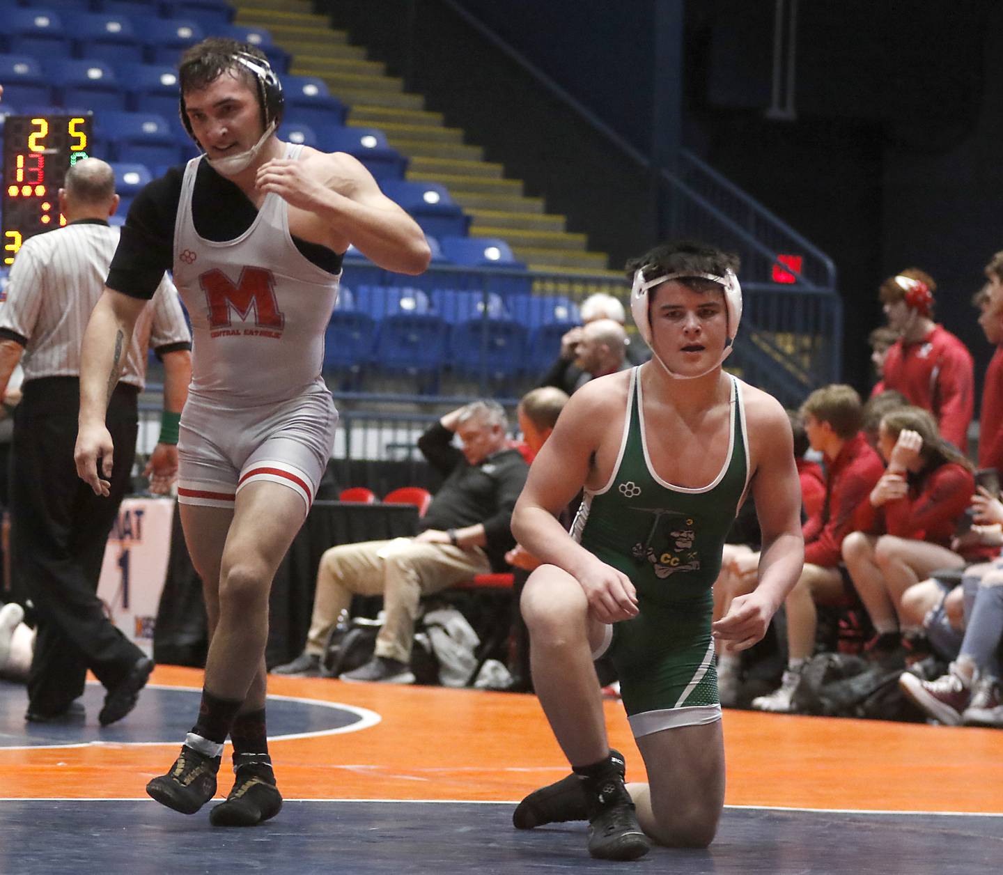 Marian Central's Max Astacio reacts to defeating Coal City's John Keigher during the 175-pound match during the IHSA Class 1or2A Dual Team Sate Championship match Saturday, Feb. 24, 2024 at Grossinger Motors Arena in Bloomington.